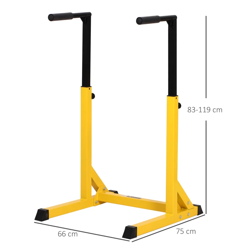 HOMCOM Estación Dip de Musculación Tipo Barras con Altura Ajustable Soporte para Entrenar Abdominales Espalda Peso Máximo de 100 kg 66x75x83-119 cm Amarillo