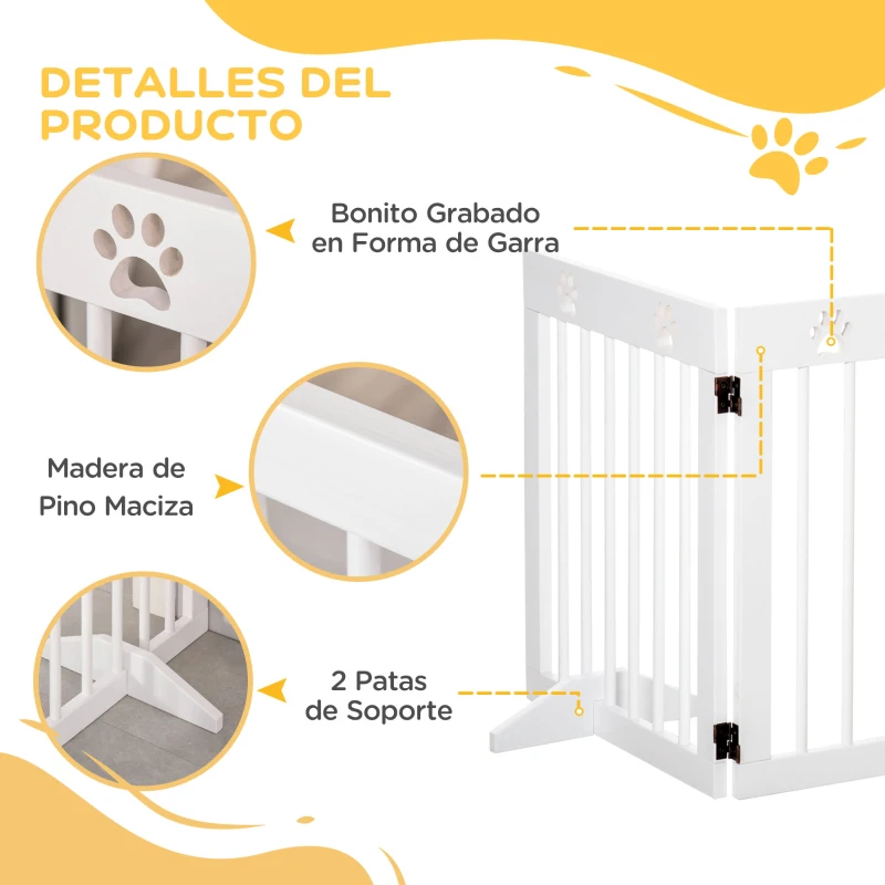 PawHut Barrera para Perros Plegable de 4 Paneles 204x61 cm Barrera de Seguridad para Perros con Estructura de Madera y Patas de Apoyo para Pasillo Escalera Blanco