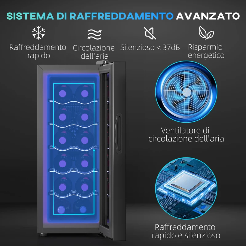 HOMCOM Cantinetta Frigorifero per 12 Bottiglie con Doppio Controllo Temperatura, Ripiani Regolabili e Luci, Nero
