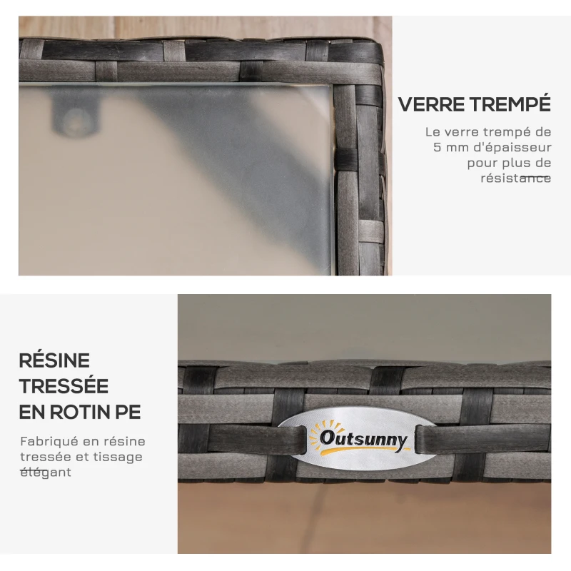 Outsunny Table basse de jardin plateau verre trempé 5 mm résine tressée imitation rotin gris