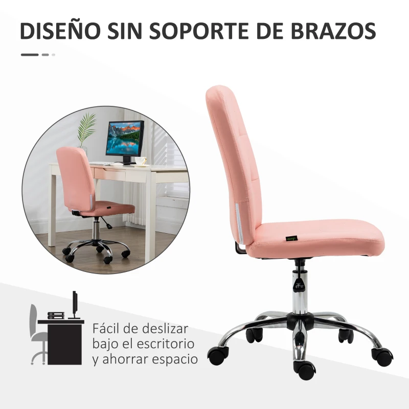 Vinsetto Silla de Oficina sin Brazos Silla de Escritorio Giratorio de Piel Sintética con Altura Ajustable 45x59x90-100 cm Rosa