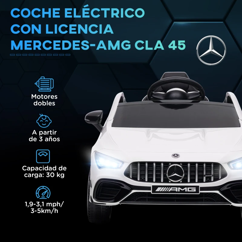 AIYAPLAY Coche Eléctrico para Niños de +3 Años Mercedes-benz AMG CLA 45 con Batería 12V Mando a Distancia Faros Música Blanco