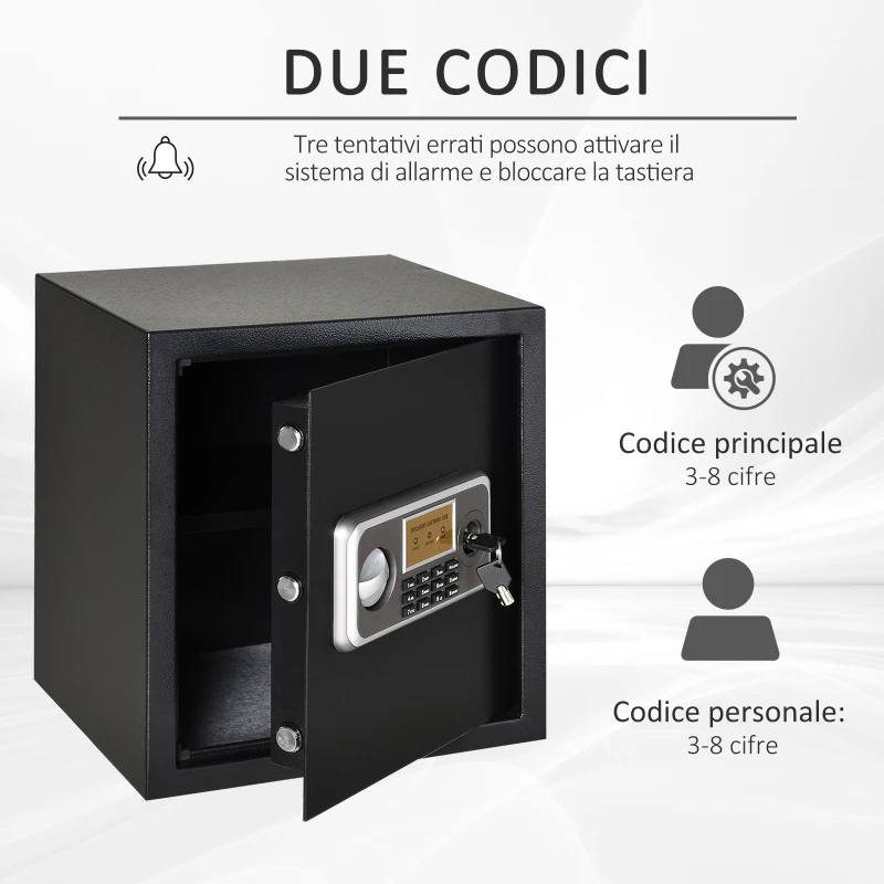 HOMCOM Cassaforte Elettronica con Doppio Codice, Chiave di Sicurezza e Allarme, in Acciaio, Nero, 35x30x39.3cm