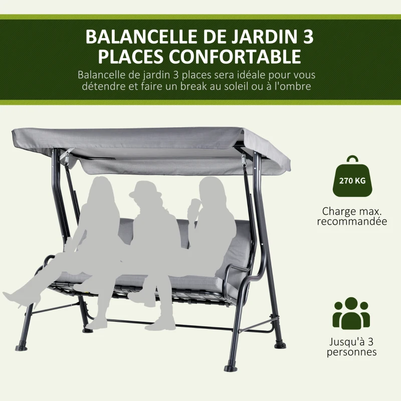 Outsunny Balancelle de Jardin 3 Places Grand Confort Toit Inclinaison réglable épais Coussins Amovibles Polyester Acier époxy Gris