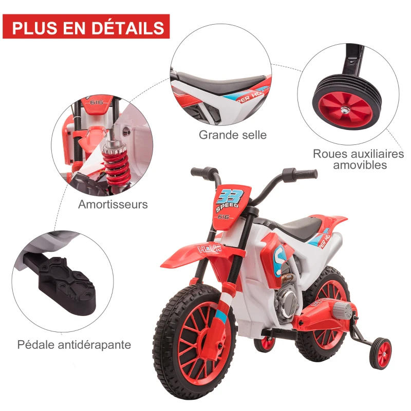 HOMCOM Moto Cross électrique Enfant 3 à 5 Ans 12 V 3-8 Km/h avec roulettes latérales Amovibles dim. 106,5L x 51,5l x 68H cm Rouge(m-7)