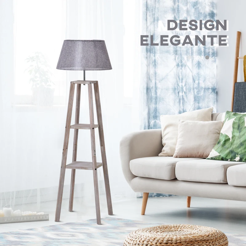 HOMCOM Lampada da Terra in Legno con 3 Ripiani e Paralume in Tessuto, 45x45x148cm, Grigio