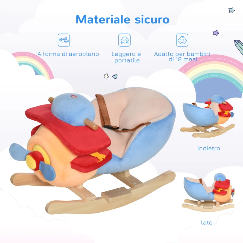 HOMCOM Cavallo a Dondolo a Forma di Aeroplano per Bambini di Età Superiore a 18 Mesi, Cacalluccio a Dondolo con Musica Incorporata in Legno Alamo, Max:60kg 60x33x45cm