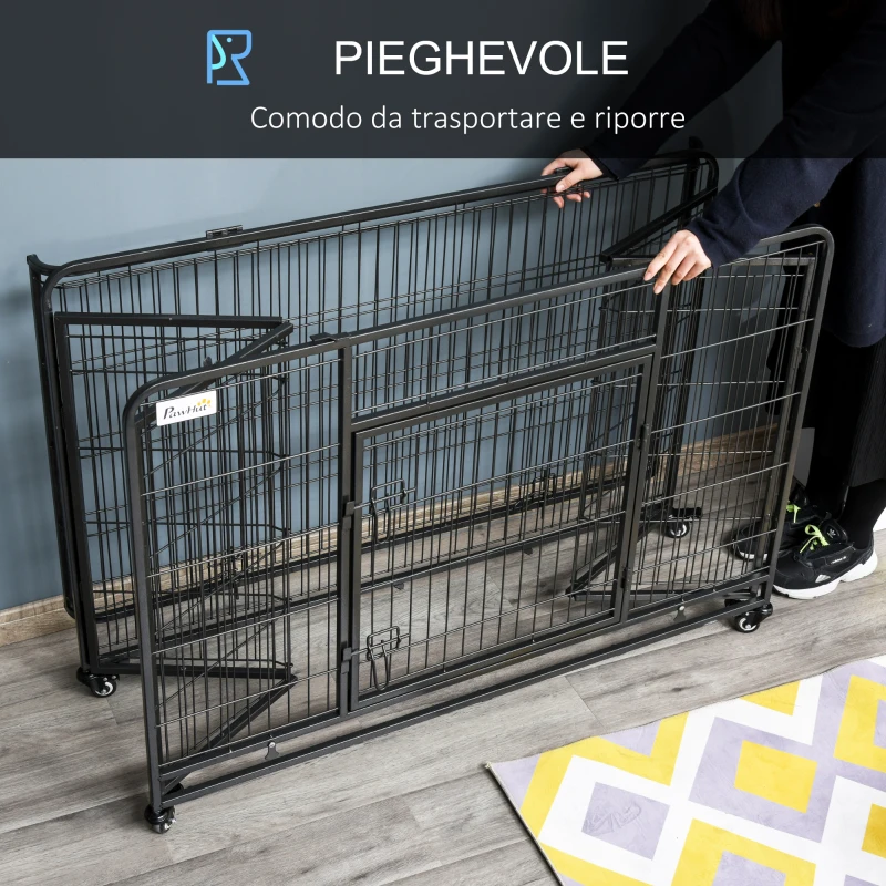 PawHut Kennel Gabbia per Cani Pieghevole a Doppia Porta con Blocco, Box per Cani con 4 Ruote con Freno e Fondo Rimovibile, 125x76x81cm, Grigio Scuro