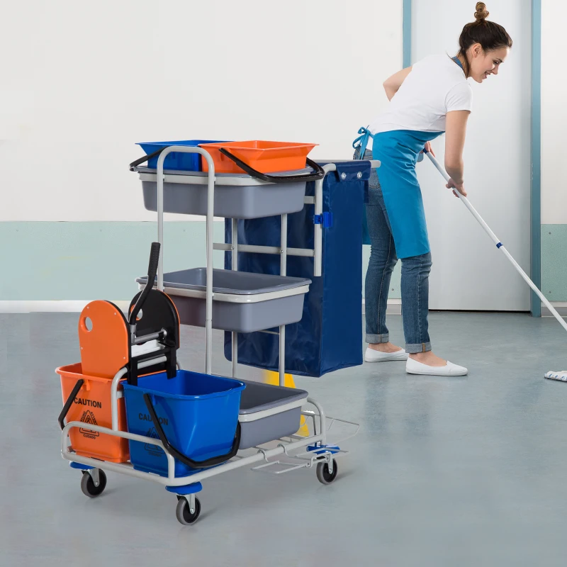 HOMCOM Carrello per Pulizie Professionale Multiuso con 4 Secchi Rotelle Borsa di Tela 118 × 73 × 103cm