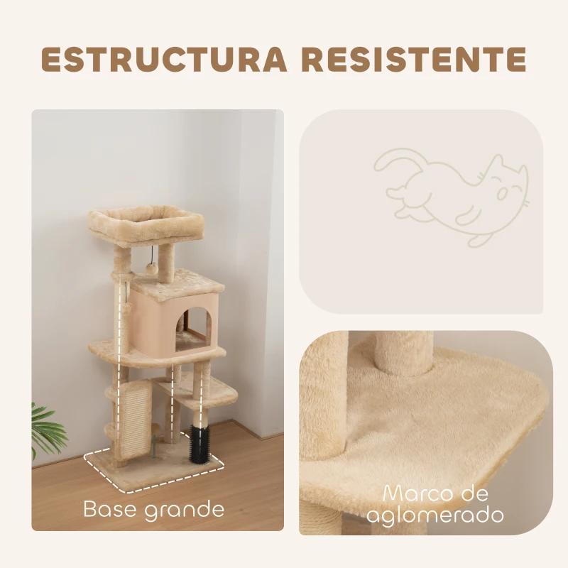 PawHut Árbol Rascador para Gatos Altura 104cm con Plataformas Poste con Cepillo Bolas Colgantes y Almohadilla para Rascar Beige