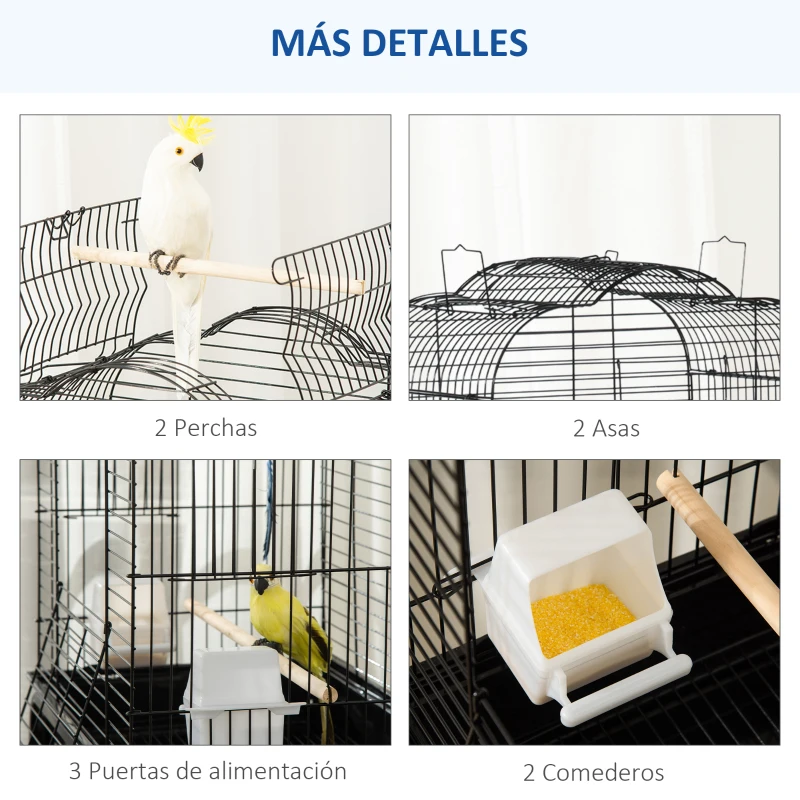 PawHut Jaula para Pájaros con Soporte Jaula de Aves Canarios con 4 Ruedas Techo Abrible 2 Comederos 3 Perchas Bandeja Extraíble y Estante Inferior 46x36x130 cm Negro
