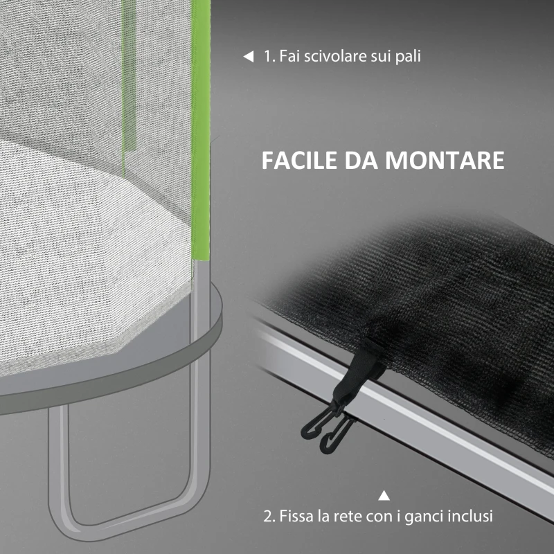 SPORTNOW Rete di Protezione per Trampolini a 8 Pali con Ingresso con Cerniera, in PE, Ø366x180 cm, Nero e Verde