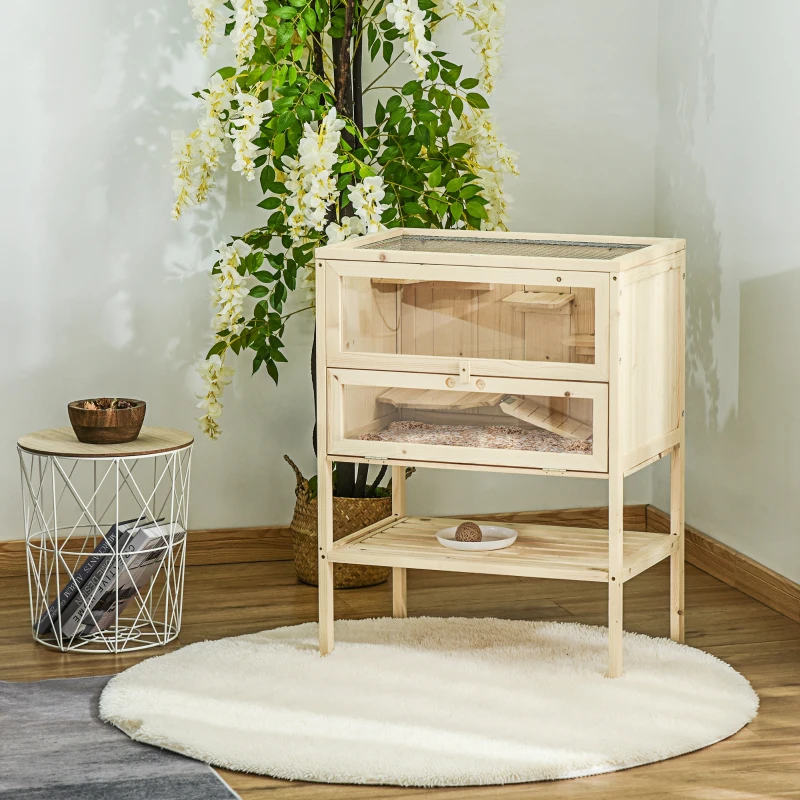 PawHut Wooden Hamster Cage with Storage Shelf, Small Animal Exercise Play House with Openable Top, for Hamsters, Gerbils, 60 x 40 x 80 cm - Natural