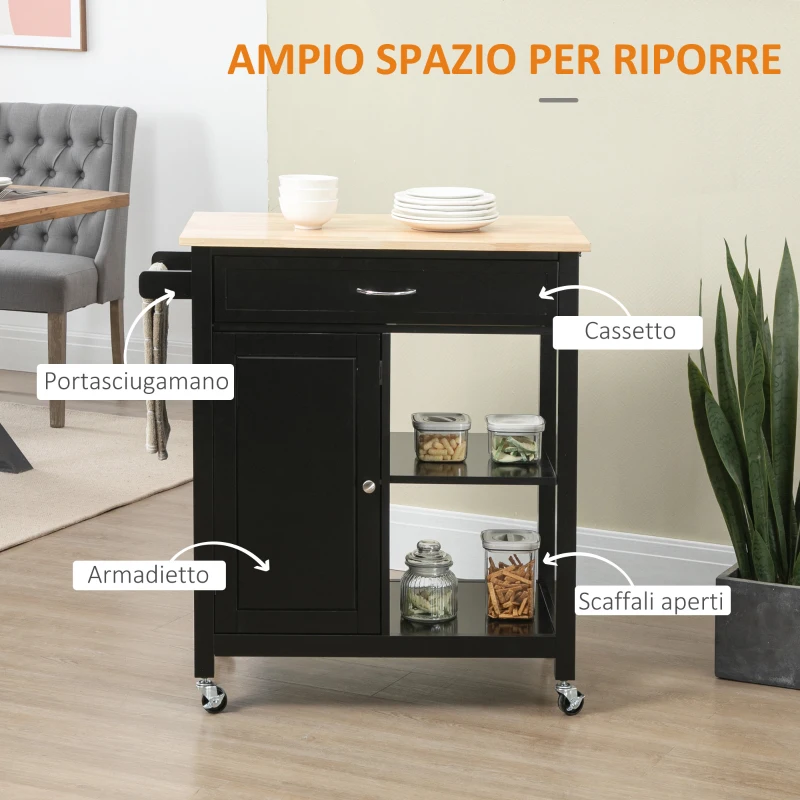 HOMCOM Carrello Cucina in Legno con Cassetto, Armadietto e 2 Ripiani Aperti, 2 Ruote con Freno, 83x45x88 cm, Nero