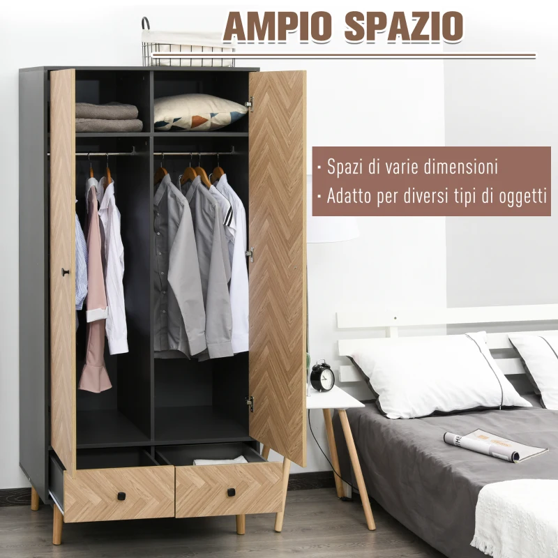 HOMCOM Armadio 2 Ante In Legno Con 4 Ripiani, 2 Cassetti e Appendiabiti, Grigio Scuro, 90x50x190 cm