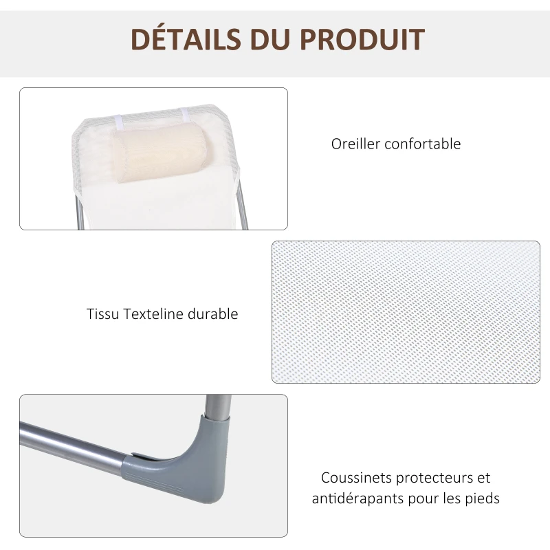 Outsunny Bain de soleil transat chaise longue inclinable pliable avec oreiller dossier réglable sur 5 niveaux crème