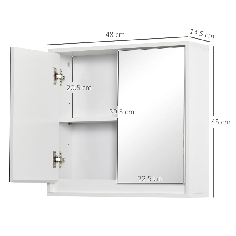 HOMCOM Armadietto Bagno a 2 Ante con Specchiera e Ripiano Regolabile in MDF, 48x14.5x45cm, Bianco
