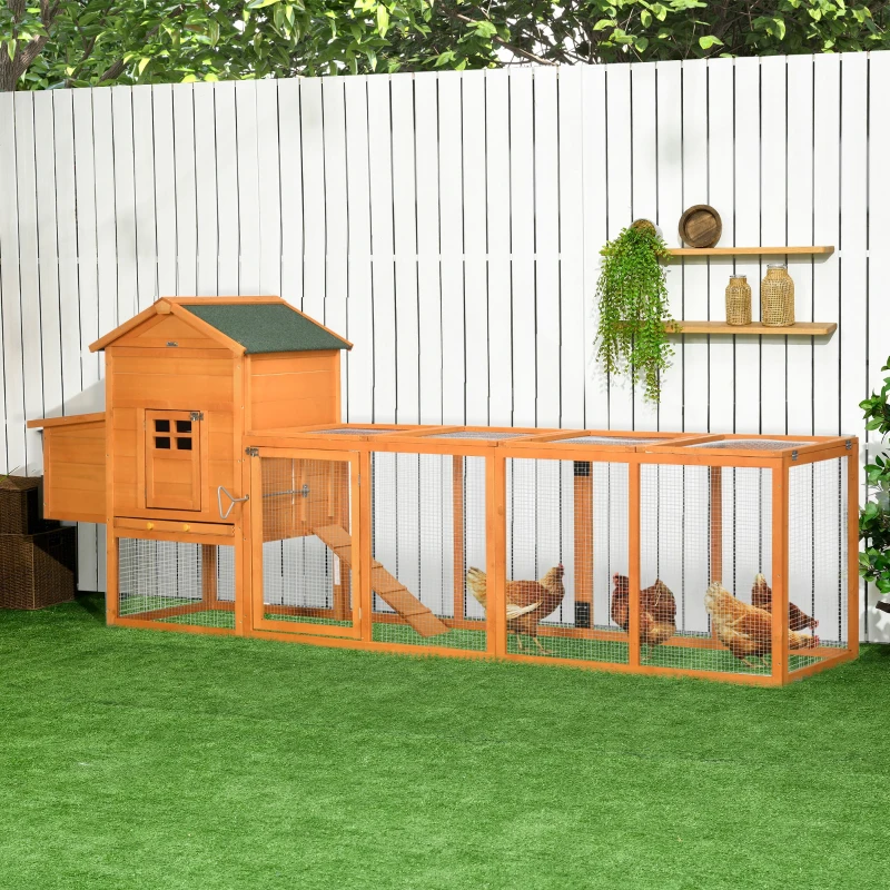 PawHut Gallinero de Madera Grande para 3-6 Gallinas con Techo Asfáltico Nido y Bandeja Extraíble 297,5x68x118 cm Natural(m-2)