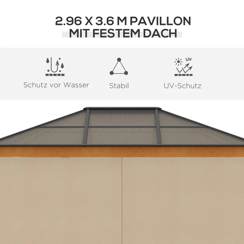 Outsunny Pavillon, Dach aus Polycarbonat, 4 Seitenwände und Fliegennetze, Stahlrahmen, khaki, 3 x 3,60 x 2,70 m