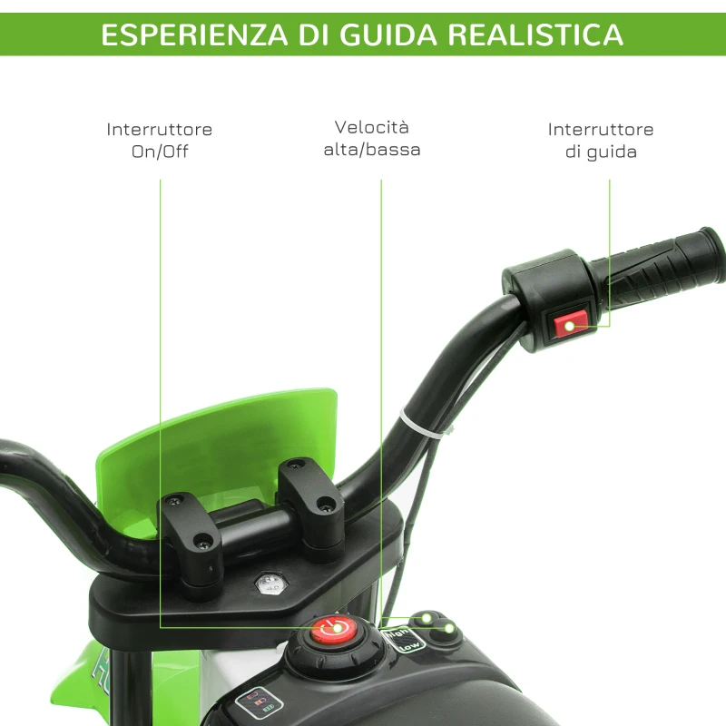 HOMCOM Moto da Cross Elettrica per Bambini con Rotelle, in PP e Metallo, 106.5x51.5x68 cm, Verde