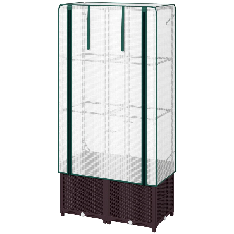 Outsunny Raised Garden Bed with Trellis, Plastic Planter Box with PE Cover, Drainage Holes, Drain Plugs and Water Reservoirs for Climbing Plants, Vegetables, Flowers, 80 x 40 x 140 cm