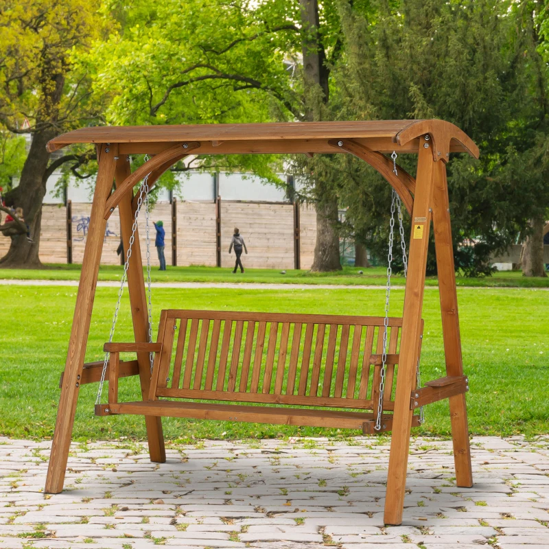 Outsunny 3 Seater Garden Swing Seat Wooden Swing Chair Hammock Bench Lounger with Canopy, Natural