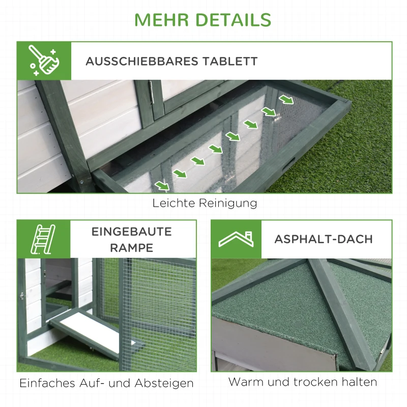 PawHut Hühnerstall für Zwerghühner 196 x 76 x 97 cm Hühnerhaus mit Nistkasten, Freilaufgehege Sitzstange, Kleintierstall aus Holz, Grün