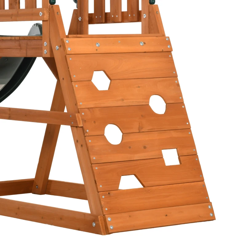 Outsunny Set con Scivolo, 2 Altalene da Giardino e Parete da Arrampicata in Legno per Bambini Età 3-8 Anni