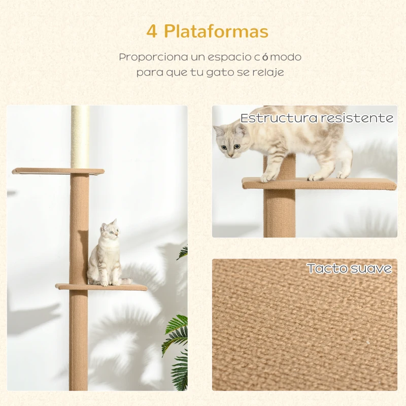 PawHut Árbol Rascador para Gatos de Suelo a Techo Torre para Gatos con Altura Ajustable 43x27x228-260 cm Marrón Claro y Beige