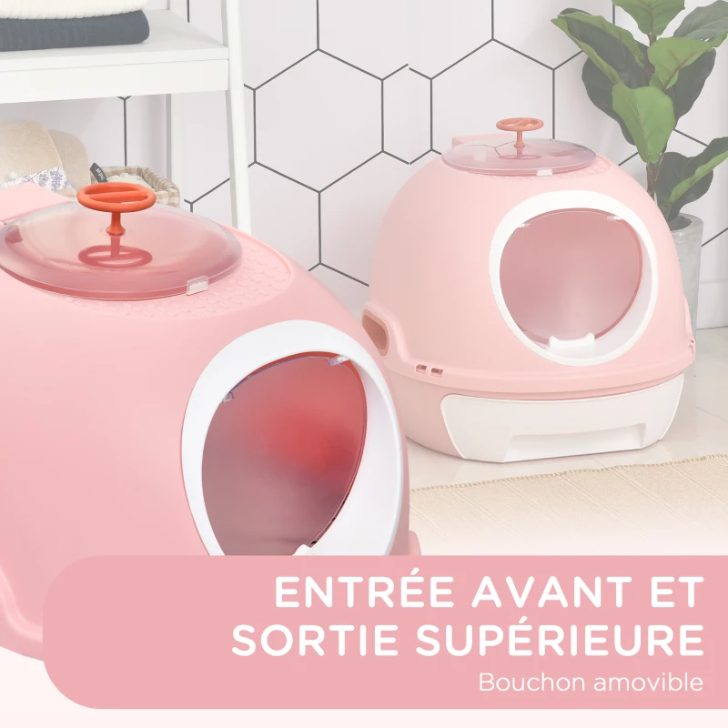 PawHut Bac à litière pour chat maison de toilette portable pour chat tiroir à litière coulissant porte battante lucarne + pelle fournis dim. 47L x 55l x 44H cm rose
