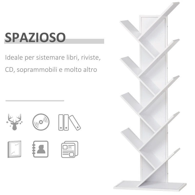 HOMCOM Libreria ad Albero in Legno Bianco, Scaffale Salvaspazio a Colonna con 10 Ripiani, 50x28x142cm