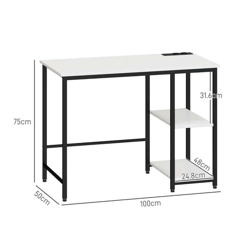 HOMCOM Scrivania con Scaffale a 2 Livelli e Prese di Ricarica, in Legno e Metallo, 100x50x75 cm, Bianca e Nera