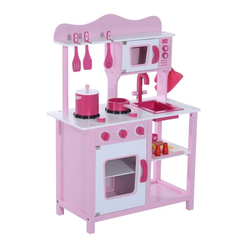 HOMCOM Cuisine pour enfants en bois jeu jouet d'imitation grand réalisme multi-équipement 60L x 30l x 85H cm rose