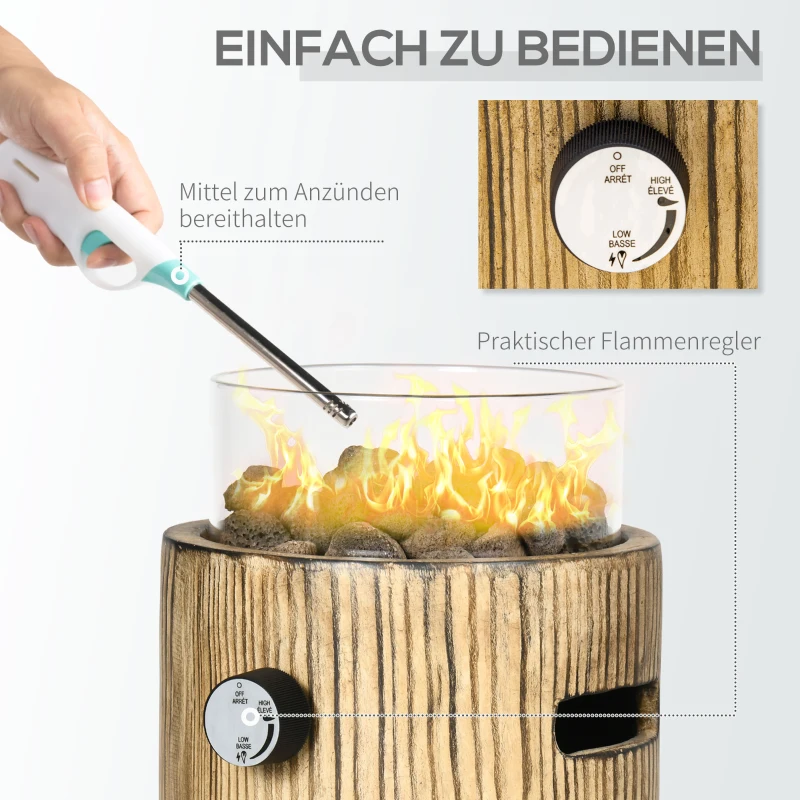 Outsunny Tischfeuerschale, Gasfeuerschale, tragbar, mit Lavasteinen, Feuerregler, Windschutz, Holzoptik, Ø21,5 x 34,5 cm