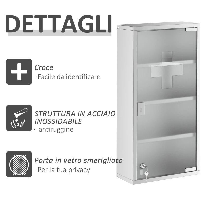 HOMCOM Armadietto Medicinale Cassetta Porta Medicina a Quattro Ripiani in Acciaio Inox 30 x 12 x 60cm