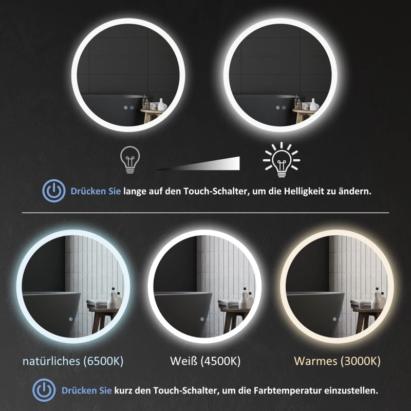 kleankin LED Badspiegel, einstellbare Helligkeit, Entnebelung, Touch, IP44, Metall/Glas, Ø60 cm, Weiß/Silber