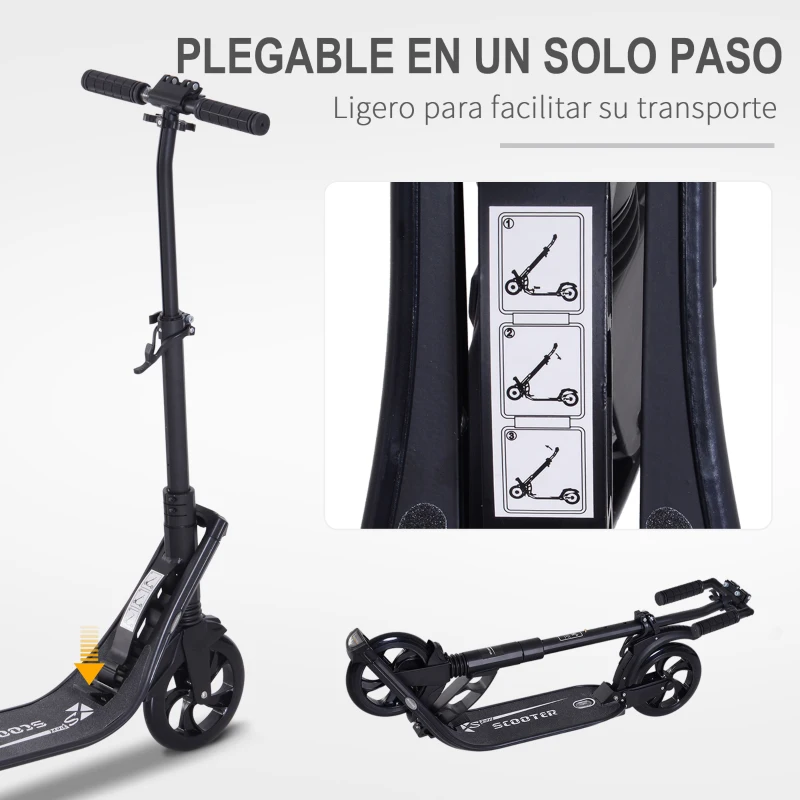 HOMCOM Patinete Plegable para Adultos y Niños +14 años Scooter Ligero con Manillar Altura Ajustable Tipo Monopatín con Freno Grandes Ruedas Ø200 mm Amortiguador Aluminio Carga 100 kg Negro