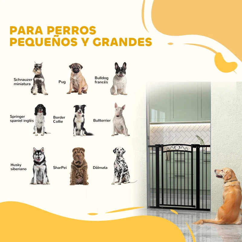 PawHut Puerta para Perros con Ancho Ajustable 76-104 cm Barrera de Seguridad con 2 Extensiones y Doble Bloqueo Negro