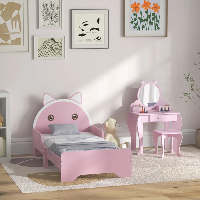 ZONEKIZ Wooden Kids Bedroom Furniture Set with Kids Dressing Table, Stool, Bed, for 3-6 Years, Cat-Design