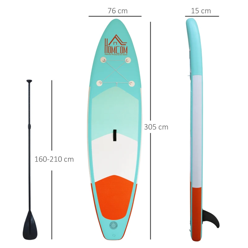 HOMCOM Aufblasbares Surfbrett, Surfboard mit Paddel, Stand Up Board, Rutschfest, Inkl. Ausrüstung, PVC, EVA, Grün, 305 x 76 x 15 cm