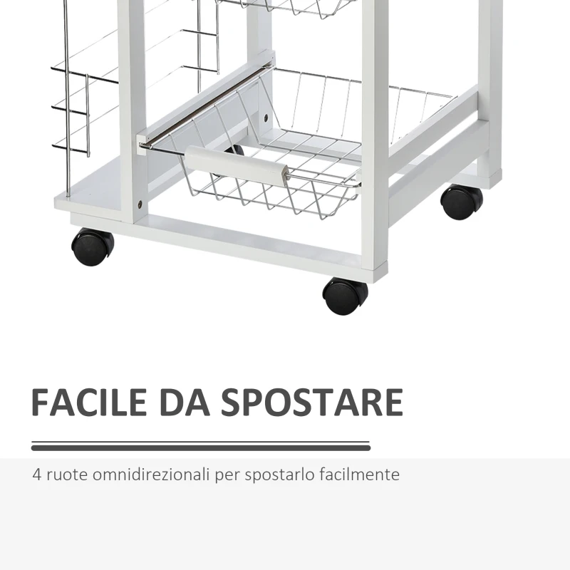 HOMCOM Carrello Isola da Cucina Salvaspazio in Legno di Pino, Carrello Portavivande con 4 Ruote Cassetto 3 Cesti Estraibili Portafrutta, Bianco