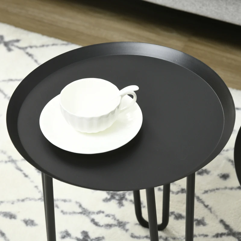 HOMCOM Juego de 2 Mesitas Auxiliares Redondas con Tapa en Forma de Bandeja y Patas de Horquilla Ø40x45 cm y Ø35x40 cm Negro