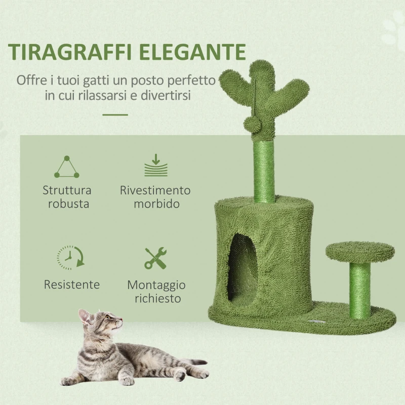 PawHut Albero Tiragraffi per Gatti Fino 4.5kg a Forma di Cactus con Palline e Cuccia, 60x35x78cm - Verde