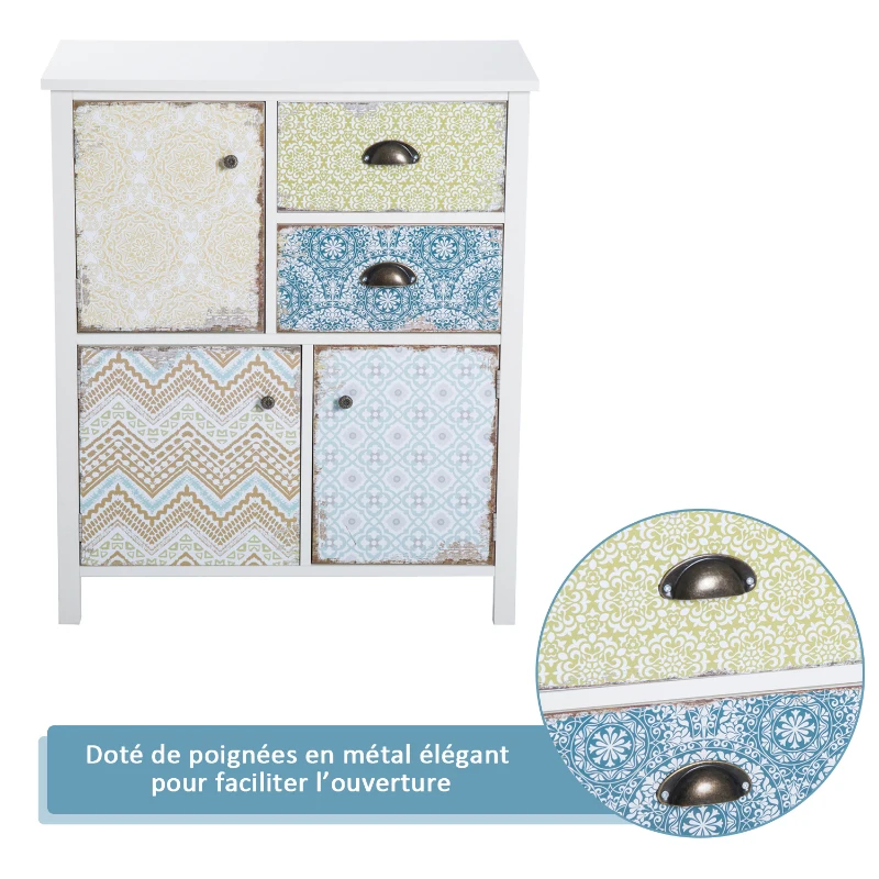 Commode style néo-rétro graphique 3 placards porte + 2 tiroirs blanc