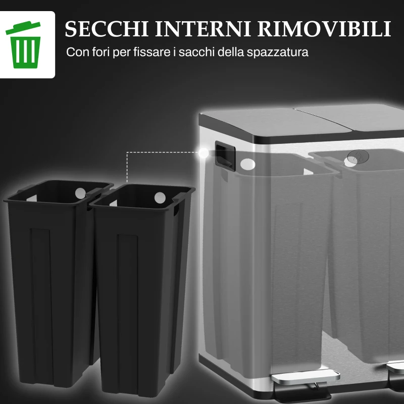 HOMCOM Bidone Immondizia a 2 Sezioni da 20L con Chiusura Silenziosa, in Acciaio Inox e PP, 45.8x36x51.6 cm