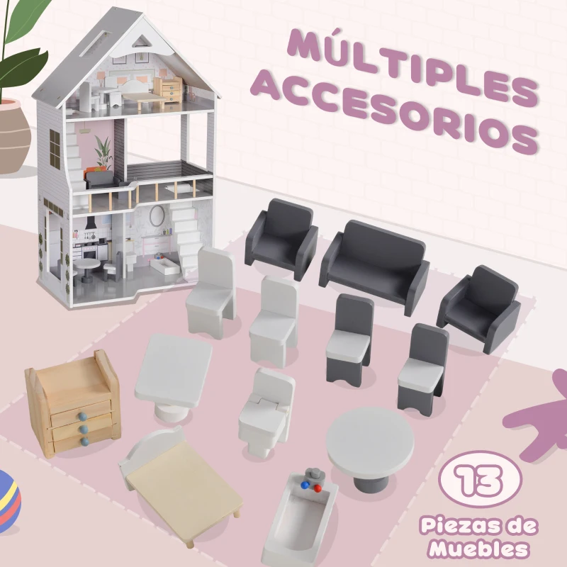 AIYAPLAY Casa de Muñecas con Muebles y Accesorios de 3 Pisos Juguete para Niños y Niñas a Partir de 3 Años Gris