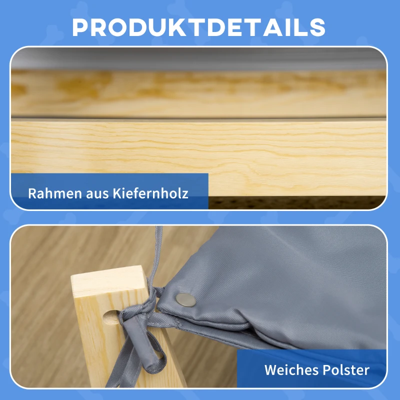 PawHut Hundebett Haustierbett mit Kissen Hundeschlafplatz für drinnen und draußen Hundeliege erhöhtes Design Kiefernholz Natur+Hellgrau 72 x 40 x 25 cm