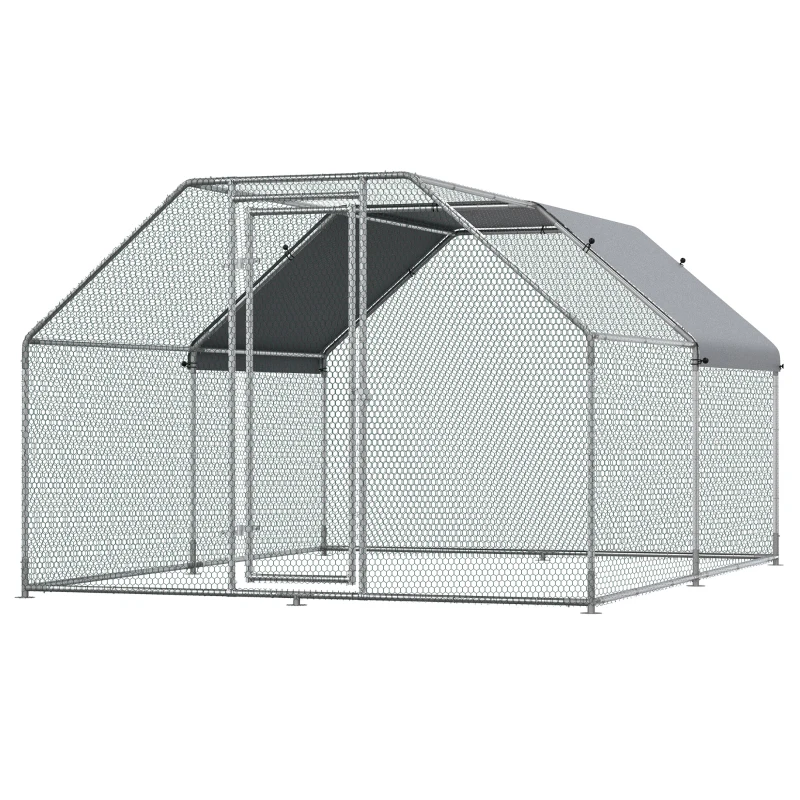 PawHut Gallinero de Exterior 2,8x3,8x1,95 m Gallinero Grande Cubierta de Tela Oxford y Corral de Metal Galvanizado Plata