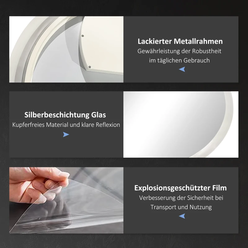 kleankin LED Badspiegel, einstellbare Helligkeit, Entnebelung, Touch, IP44, Metall/Glas, Ø60 cm, Weiß/Silber