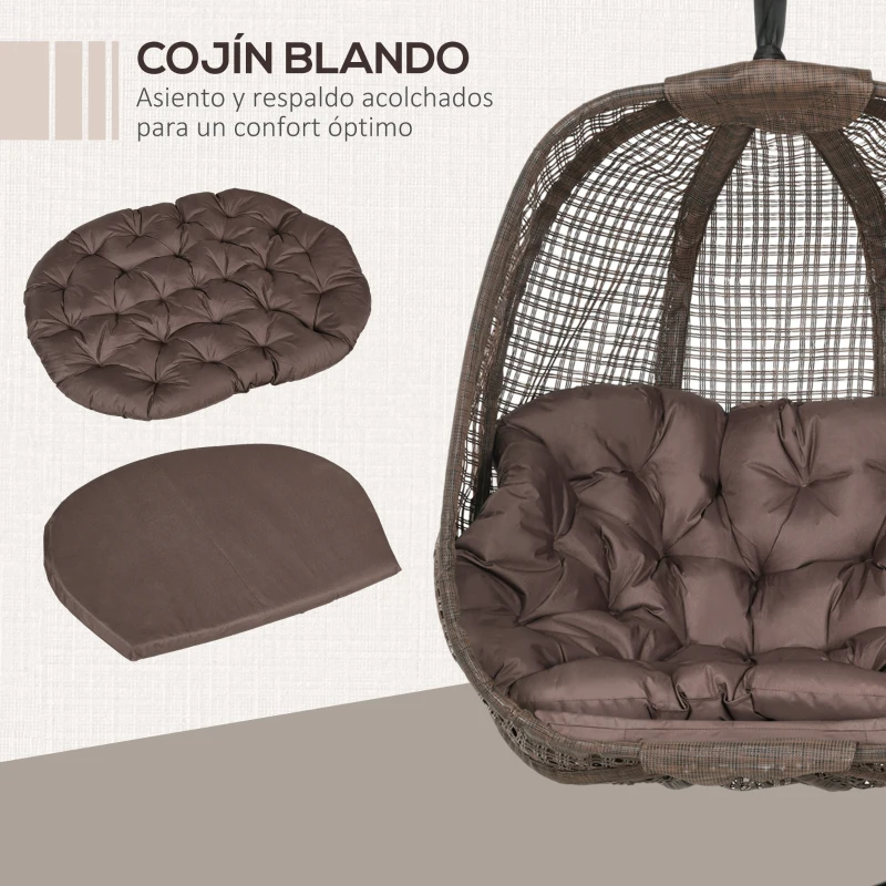 Outsunny Sillón Colgante con Efecto Imitación Ratán Soporte de Acero Cesta Plegable Bolsa de Taza y Cojines Carga 120 kg Café